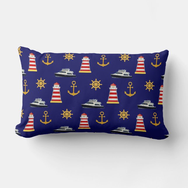 Coussin Rectangle Icônes Nautiques Élégantes sur Bleu Marine (Recto)