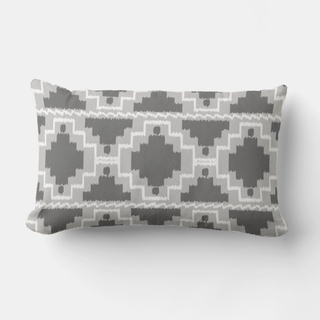Coussin Rectangle Ikat Aztèque Tribal - Gris foncé et clair (Recto)