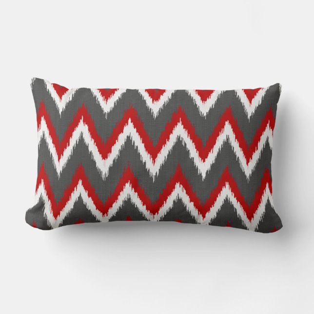 Coussin Rectangle Ikat Chevron Stripes - Rouge, Blanc et Gris / Gris (Recto)