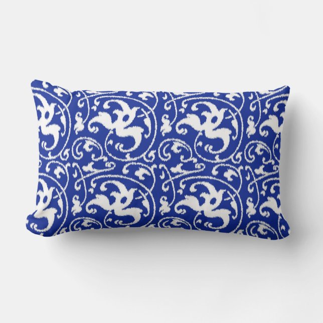 Coussin Rectangle Ikat floral damassé - Bleu cobalt et blanc (Recto)