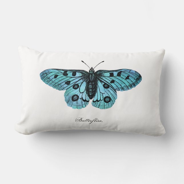 Coussin Rectangle Illustration bleue turquoise vintage de papillon - (Recto)