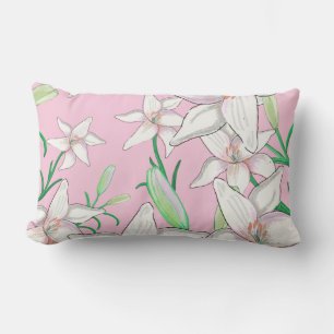 Coussin Rectangle Illustration de lys blancs sur fond rose  