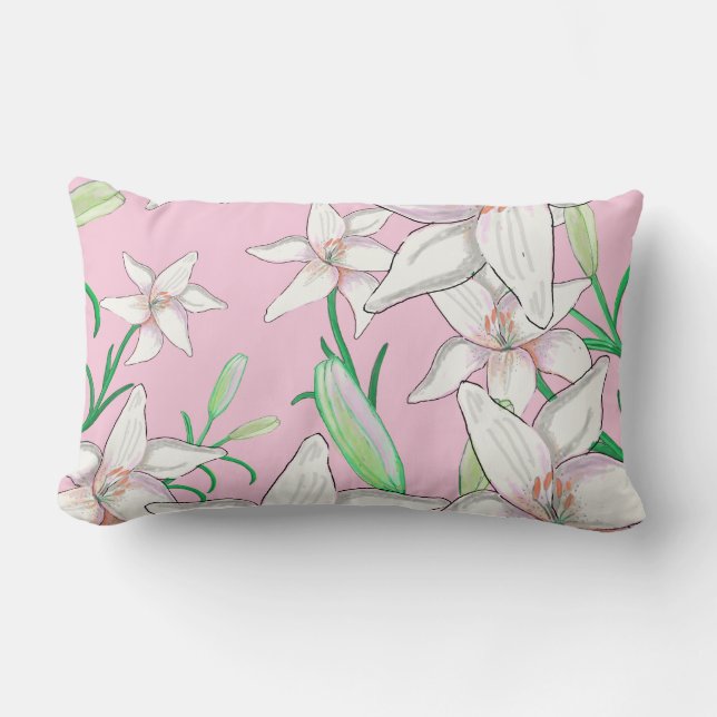 Coussin Rectangle Illustration de lys blancs sur fond rose   (Recto)