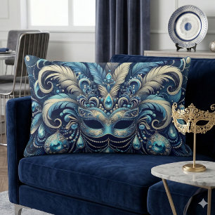 Coussin Rectangle Illustration de masque de bal masqué à plume bleue