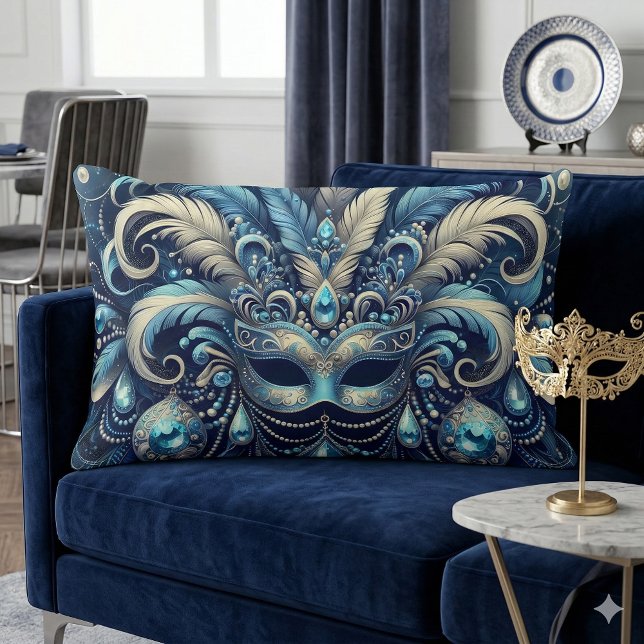 Coussin Rectangle Illustration de Masque de Mascarade à Plume Bleue (Blue Feather Masquerade Mask Illustration Lumbar Pillow Mockup A)