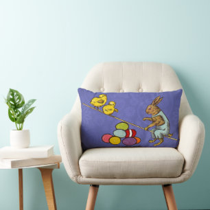 Coussin Rectangle Illustration de Pâques : lapin qui couve des œufs