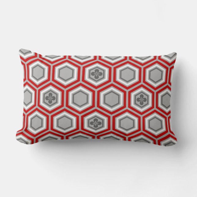 Coussin Rectangle Impression de kimono hexagonal, rouge et gris (Recto)