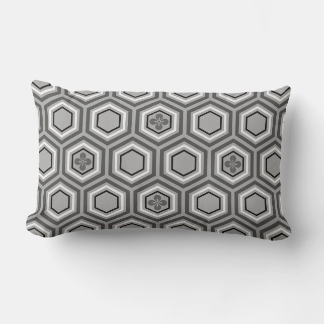 Coussin Rectangle Impression de kimono hexagonale, gris et blanc (Recto)