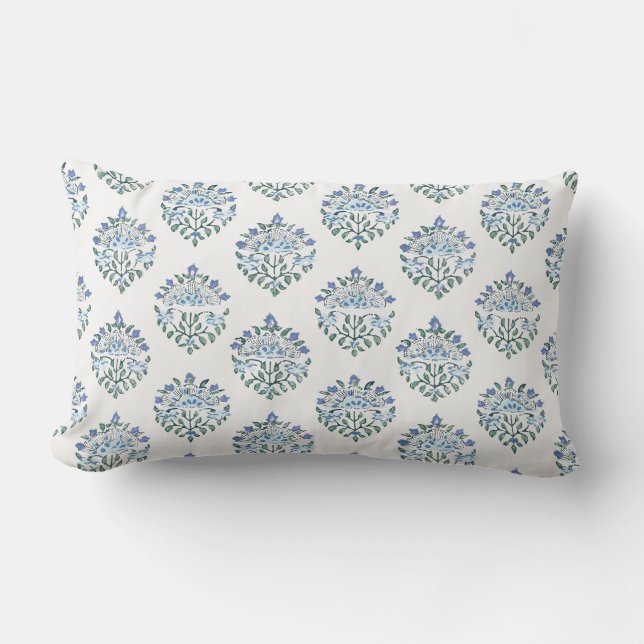 Coussin Rectangle Impression de médaillon en bleu et ivoire à main l (Recto)