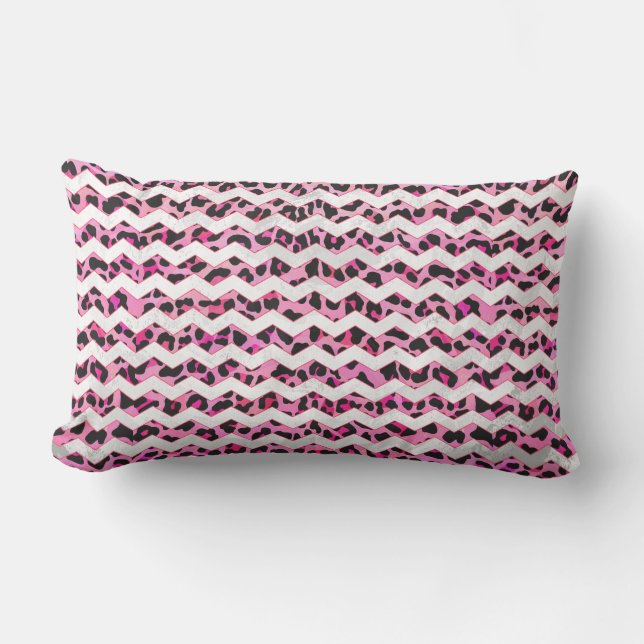 Coussin Rectangle Imprimé chevron noir léopard et rose vif (Recto)