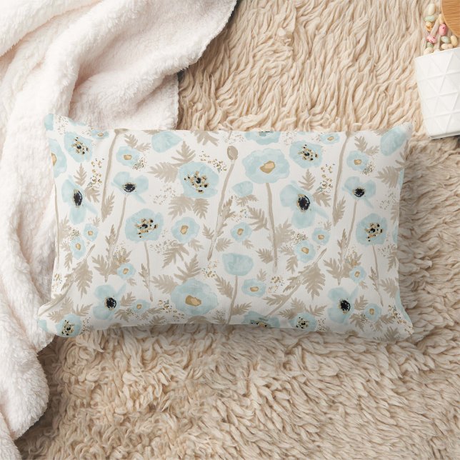 Coussin Rectangle Imprimé de motif de coquelicots aquarelle bleu cla (Light Blue Tan Watercolor Poppies Pattern Print Lumbar Pillow from Studio Posies. )