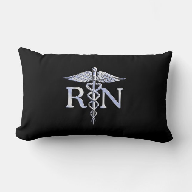 Coussin Rectangle Infirmière inscrite RN Silver Caduceus Snakes Blac (Recto)