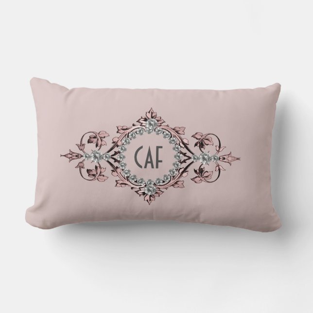 Coussin Rectangle Initiales de monogramme rose gris argenté ornement (Recto)
