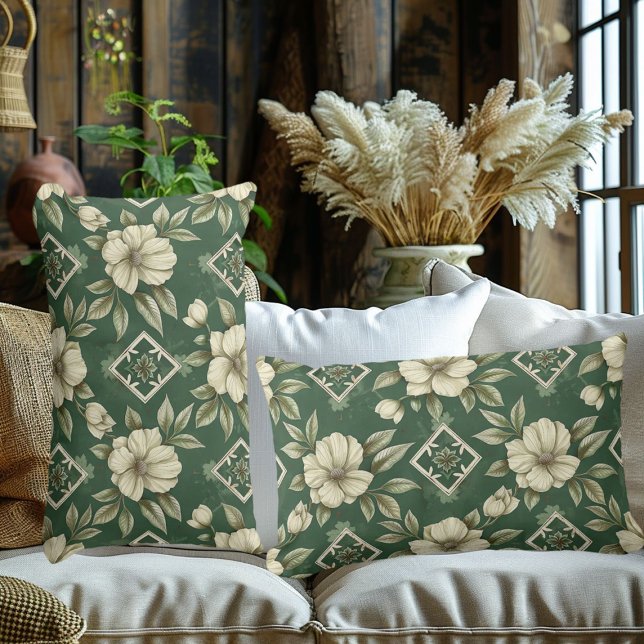 Coussin Rectangle Ivory Floral sur Emerald Arrière - plan (Créateur téléchargé)
