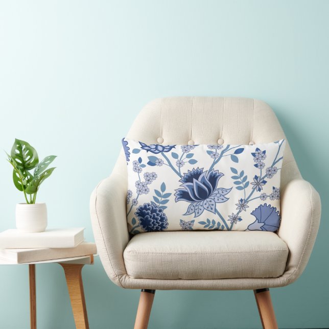 Coussin Rectangle Jacobean Floral 2Way Blues Motif blanc (Chaise)