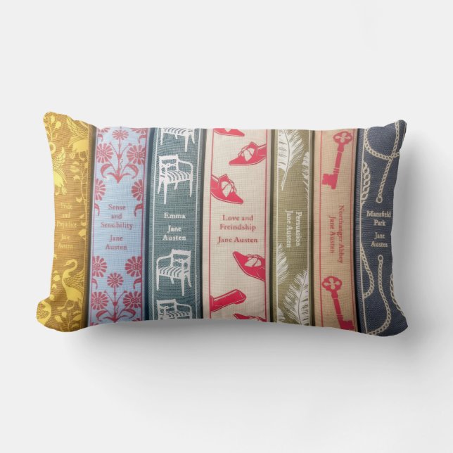Coussin Rectangle Jane Austen d'un côté et ses livres de l'autre (Recto)