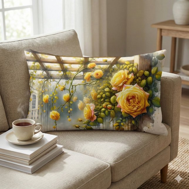 Coussin Rectangle Jardin d'aquarelle de Roses Jaunes (Yellow Roses Watercolor Garden Lumbar Pillow Mockup A)