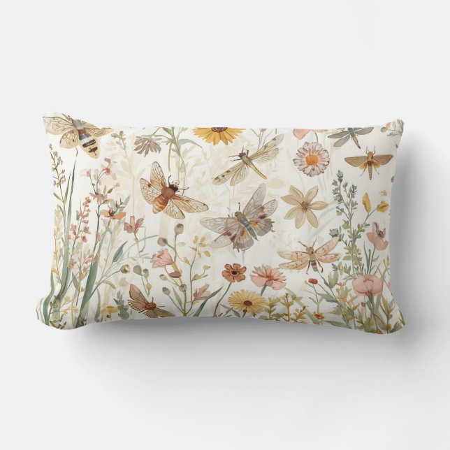 Coussin Rectangle Jardin de fleurs sauvages papillons botaniques flo (Recto)