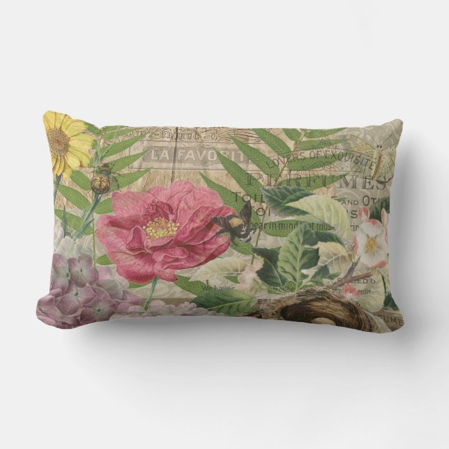 Coussin Rectangle Jardin Floral de Nid d'Oiseau Fleur Papillon Art (Recto)