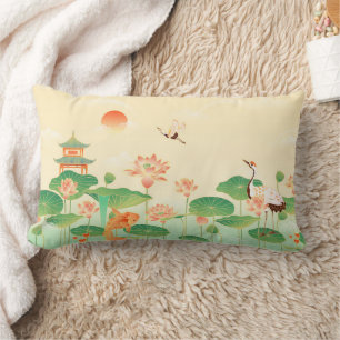 Coussin Rectangle Jardin Japonais Étang de Carpes Koï et Nymphéas Ar