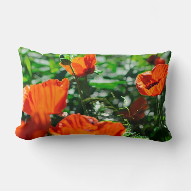 Coussin Rectangle Jardin stylisé Rouge Orange Fleurs de pavot (Recto)
