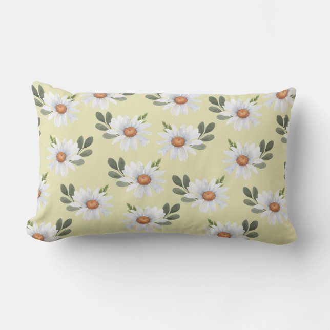 COUSSIN RECTANGLE JAUNE PASTEL AVEC MARGUERITES BLANCHES ET JAUNES (Recto)