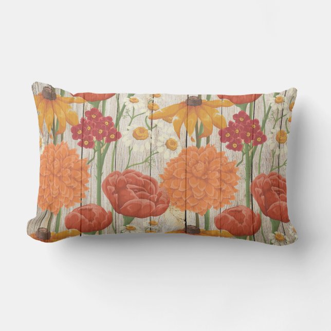 Coussin Rectangle Jaune Rouge Orange Floral sur Bois Rustique (Recto)