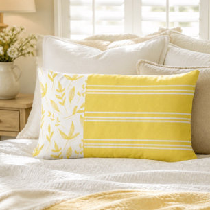 Coussin Rectangle Jaunes et Blanches Rayures et Botanique