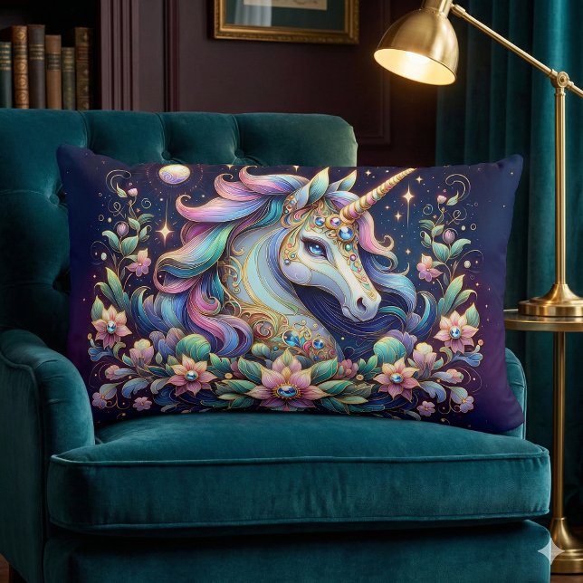 Coussin Rectangle Jewel Toned Unicorn Floral Fantasy (Jewel Toned Unicorn Floral Fantasy Lumbar Pillow Mockup A)