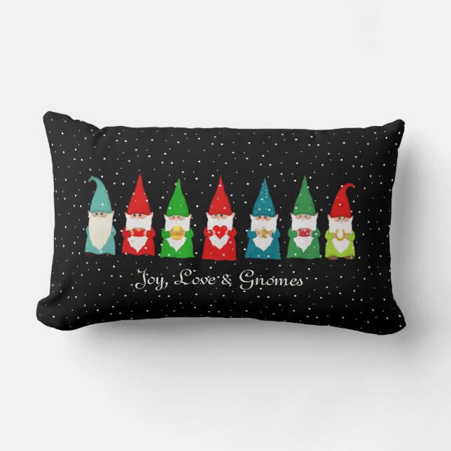 Coussin Rectangle Joie, Amour & Lutins de Noël sur fond noir (Recto)
