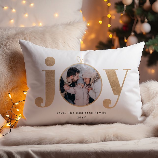 Coussin Rectangle Joie | Elégant Ornement d'or Noël Famille Photo (Créateur téléchargé)