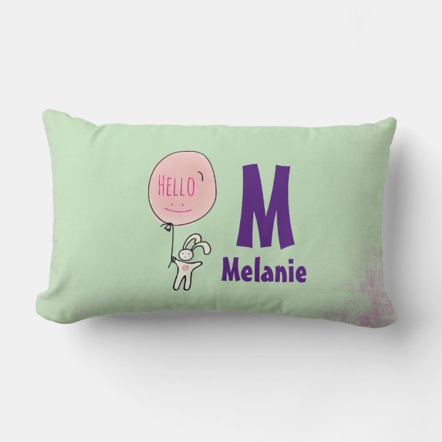 Coussin Rectangle Joli Bunny tenant un ballon Bonjour Adieu (Recto)