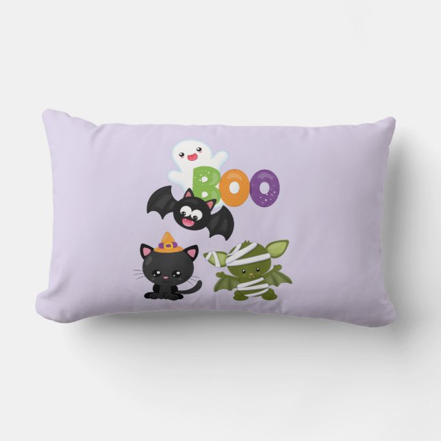 Coussin Rectangle Joli chat d'Halloween, chauve-souris, momie et fan (Recto)