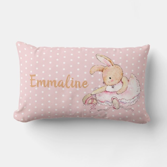 Coussin Rectangle Joli Lapin Ballerine Brun Rose Points de Polka Nom (Recto)