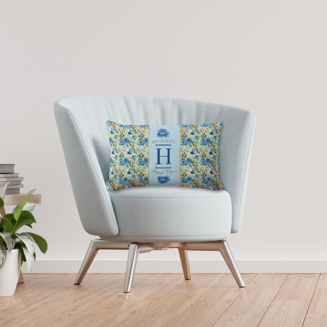 Coussin Rectangle Joli Monogramme Blue Gold Pays Rose Happy Place (Créateur téléchargé)