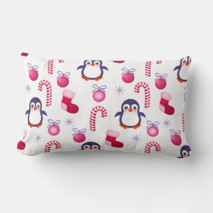 Coussin Rectangle Joli Motif de Noël rose et blanc avec des pingouin