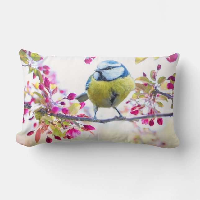 Coussin Rectangle Joli oiseau bleu et jaune sur une branche Photogra (Recto)