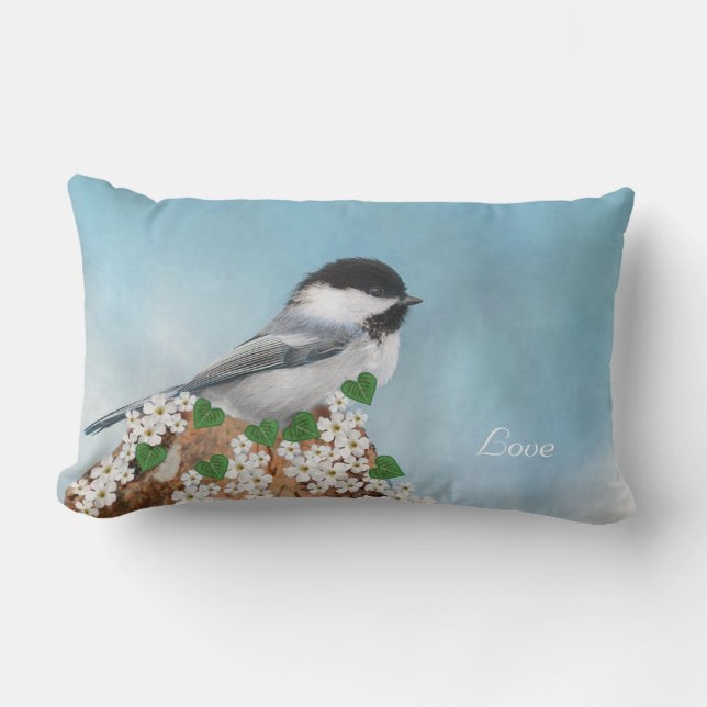 Coussin Rectangle Joli petit oiseau, fleurs et calligraphie (Recto)