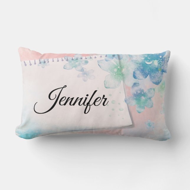 Coussin Rectangle Jolies fleurs bleues sur fond rose (Recto)