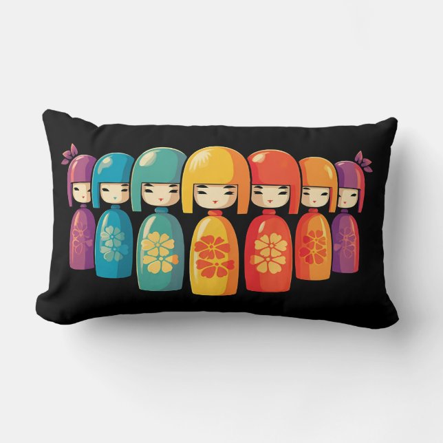 Coussin Rectangle Jolies poupées kokeshi japonaises colorées (Recto)