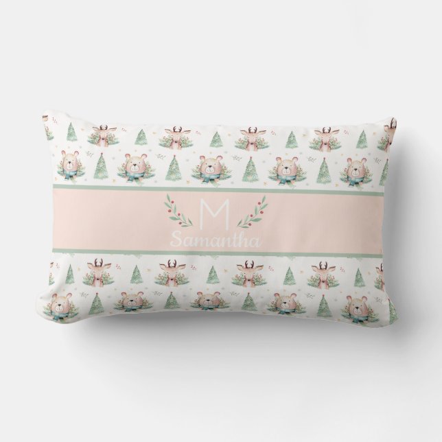 Coussin Rectangle Jolis arbres de Noël ours & cerf monogramme (Recto)