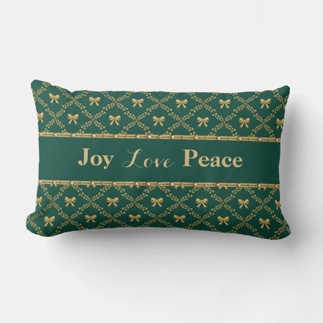 Coussin Rectangle Joy Love Peace: Green & Gold Bow Throw Pillow (Recto)