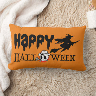 Coussin Rectangle Joyeuse sorcière d'Halloween avec son Broom Orange