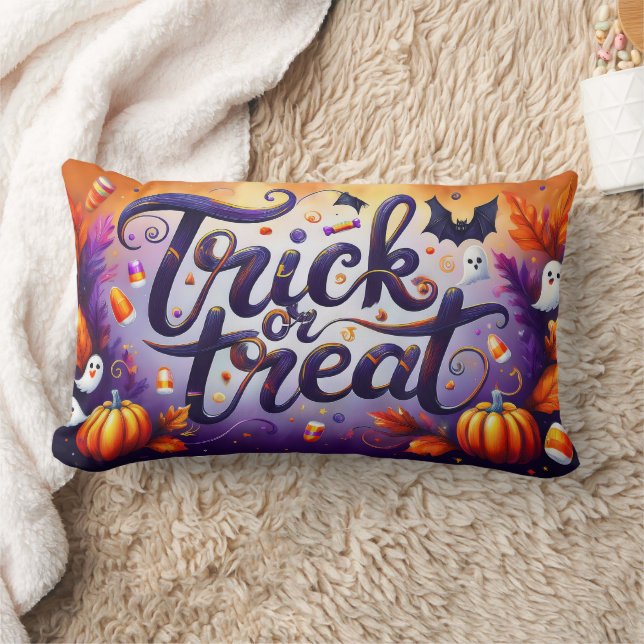 Coussin Rectangle Joyeuse sorcière d'Halloween avec son Broom Orange (Couverture)