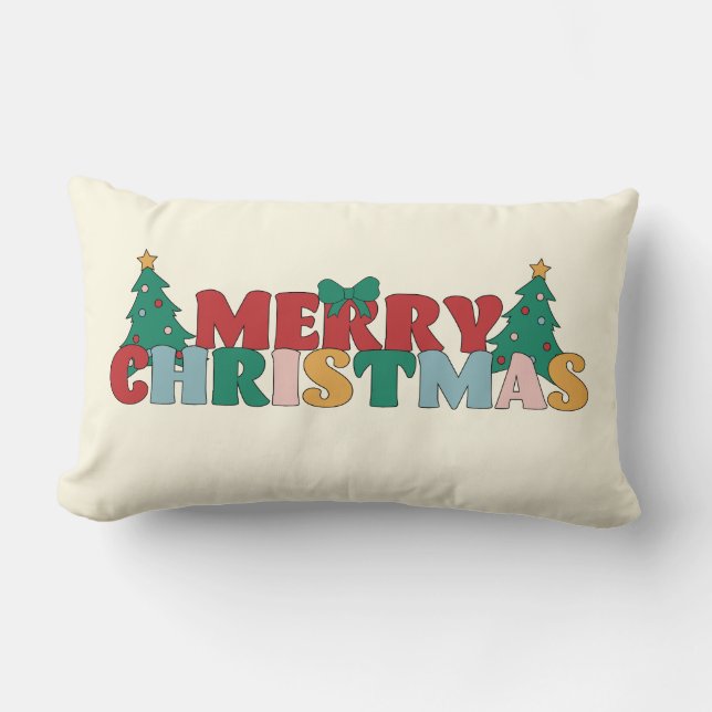 Coussin Rectangle Joyeuse typographie de Noël Pin Arbre Décoré (Recto)