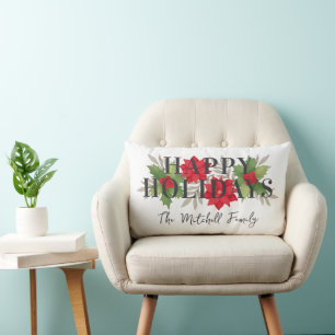 Coussin Rectangle Joyeuses Fêtes Poinsettia Holly Nom de Famille