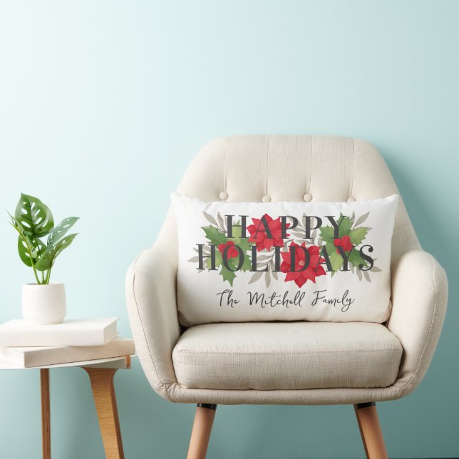 Coussin Rectangle Joyeuses Fêtes Poinsettia Holly Nom de Famille (Chaise)