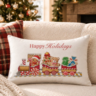Coussin Rectangle Joyeuses Fêtes Train en Pain d'Épice de Noël