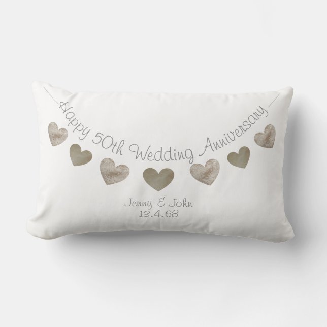 Coussin Rectangle Joyeux 50e anniversaire de Mariage avec des coeurs (Recto)