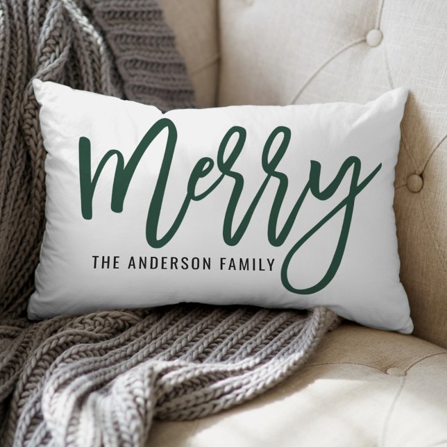 Coussin Rectangle Joyeux chasseur vert écriture famille Noël (Créateur téléchargé)